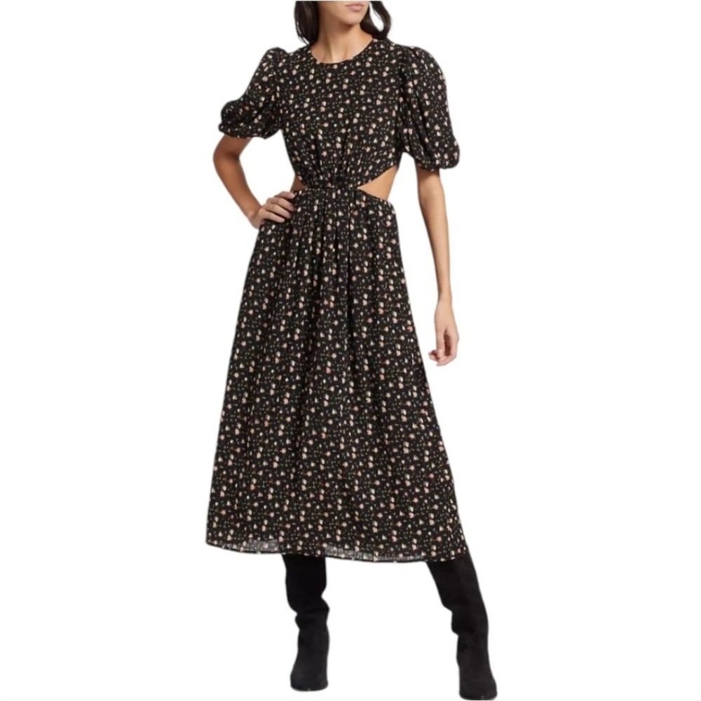 WAYF Womens Black Floral Puff Sleeve Cut Out Midi Dress Size Small NWT